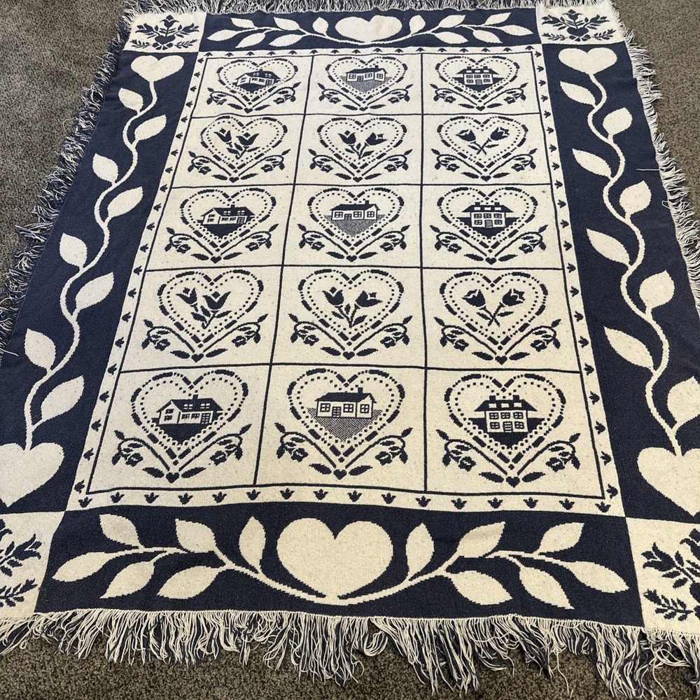 Vintage Blue & White Woven Reversible Throw Blanket Folk Cottage Homes 44 By 52"